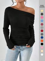 Women's Plain Minimalist Basic Ruched Asymmetrical Neck Drop Shoulder Tee, Elegance Mufti Clothes, Fall Long Sleeve T-shirt f...