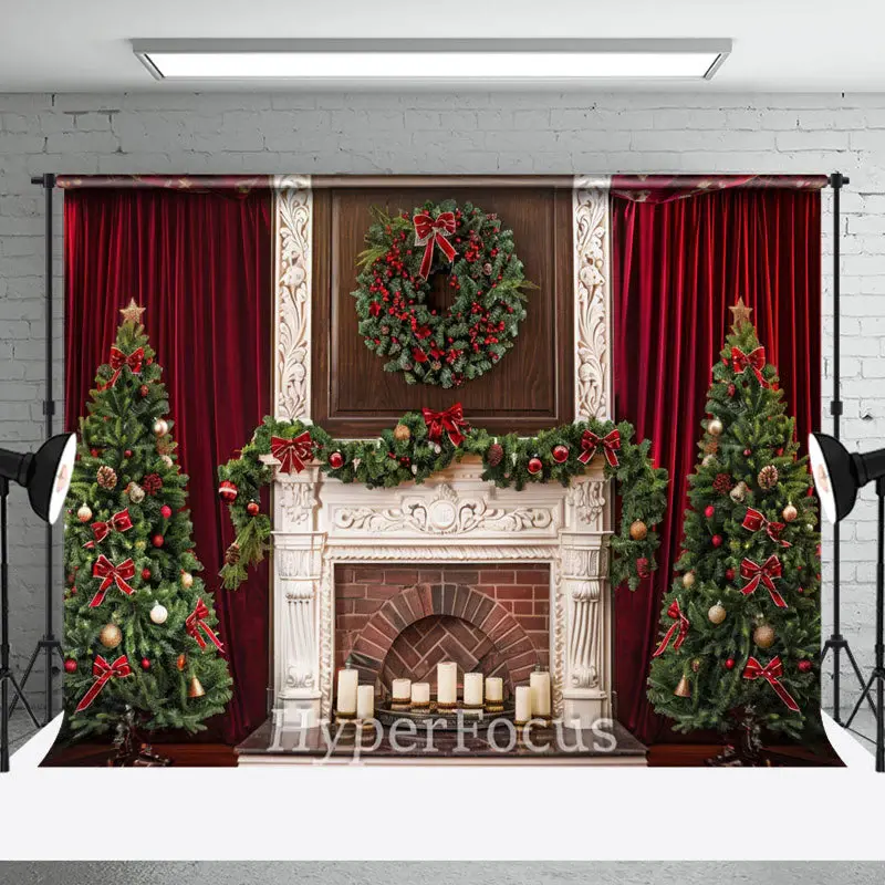 Red Curtain White Fireplace Tree Christmas Backdrop - Aperturee