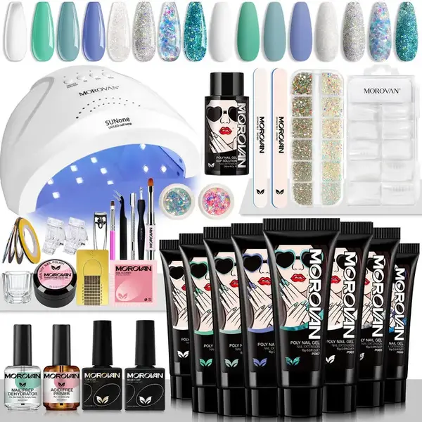 Morovan Poly Gel Nail Kit: Starter Kit 8 Colors Poly Nail Gel Kit with U V Lamp 48W Complete Poly Gel Kit for Beginners with ...