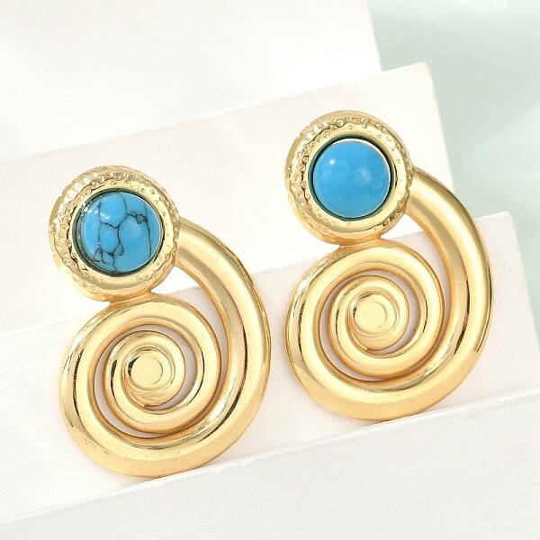 Spiral 304 Stainless Steel Synthetic Turquoise Stud Earrings for Women