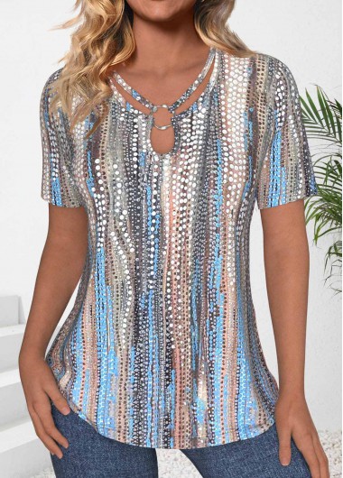 Modlily Neon Blue Circular Ring Polka Dot T Shirt - XL