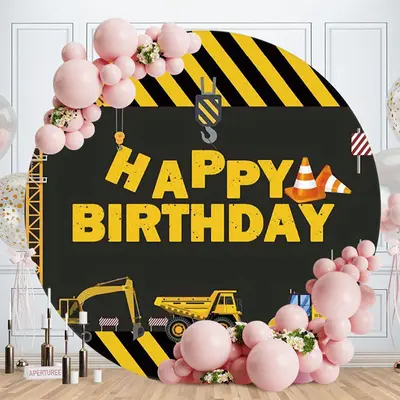 Aperturee Black And Yellow Trnck Round Boys Birthday Backdrop