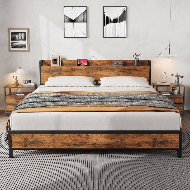 Garvee King Size Bed Frame with Storage Headboard, Industrial King Bed Platform with Charging Station and USB Ports, No Box S...