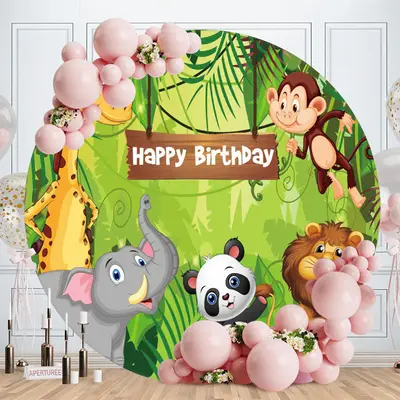 Aperturee Jungle Forest And Animal Circle Happy Birthday Backdrop | Circle Backdrops For Birthday | Round Party Backdrop | Ci...