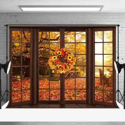 Aperturee Sunflower Wood Window Maple Forest Autumn Backdrop - Aperturee