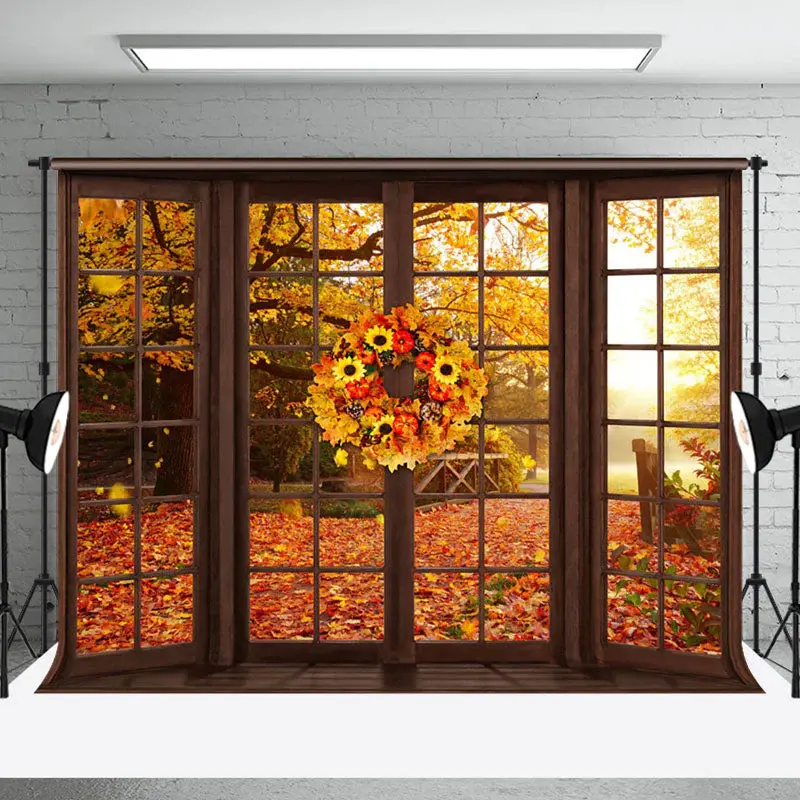 Aperturee Sunflower Wood Window Maple Forest Autumn Backdrop - Aperturee