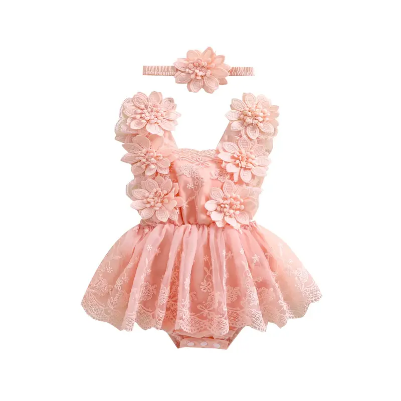 Newborn Baby Girl Tutu Romper Dress Infant Party Sleeveless Ruffled Flower Embroidery Lace Tulle Princess Skirt Headband Set