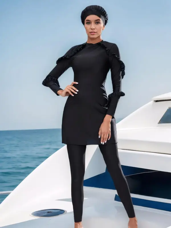 Women's Solid Long Sleeve Top & Cap & Pants Set, Casual Fashion Swimwear Set for Beach Holiday Vacation, Ladies Swimsuit for ...