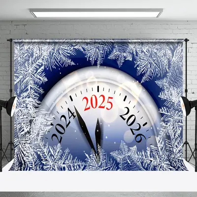 Ice Pine Leaves Clock 2025 Happy New Year Backdrop - Aperturee