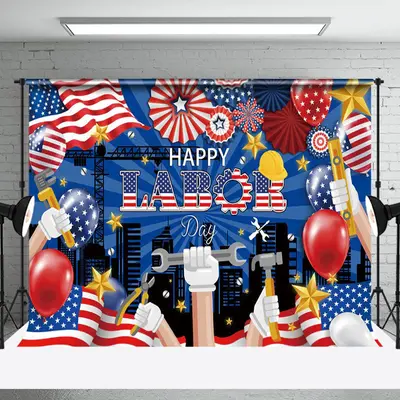 Construction Workers Happy American Labor Day Backdrop
