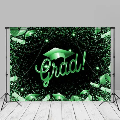 Grad Party Green Glitter Ribbon Black Photos Backdrop - Aperturee