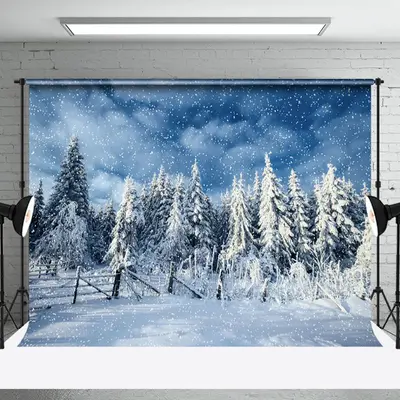 Wooden Fence Pine Forest Snow Landscape Photo Backdrop - Aperturee