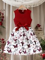 Girl's Patchwork Butterfly Print Dress with Bow Decor Belt, Sleeveless A Line Dress for Party Holiday Vacation, Kids Summer C...