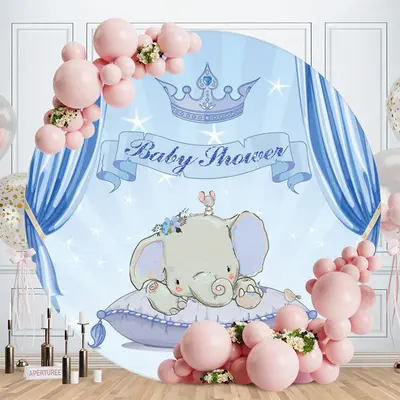 Aperturee Blue Glitter Sleep Elephant Round Baby Shower Backdrop
