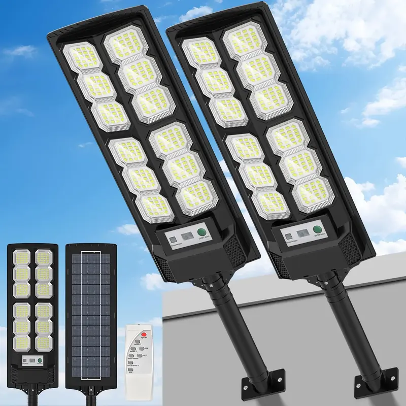 2PC Ultra-Bright Solar Street Light, 240 LED Solar Lights - IP65, Wide Angle Motion Sensor, Remote Control, Dusk to Dawn And ...