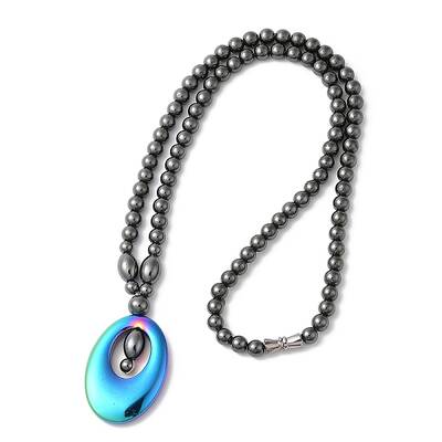 Synthetic Non-magnetic Hematite Oval Pendant Necklace with Round Beaded Chains