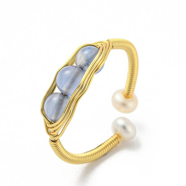 Natural Pearl & Aquamarine Beaded Open Cuff Ring