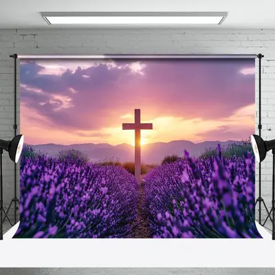 Aperturee Purple Floral Field Sunset Sky Cross Easter Backdrop, 3X2FT(1MX0.6M), 14 USD, easter backdrops, NYHD6I25-M