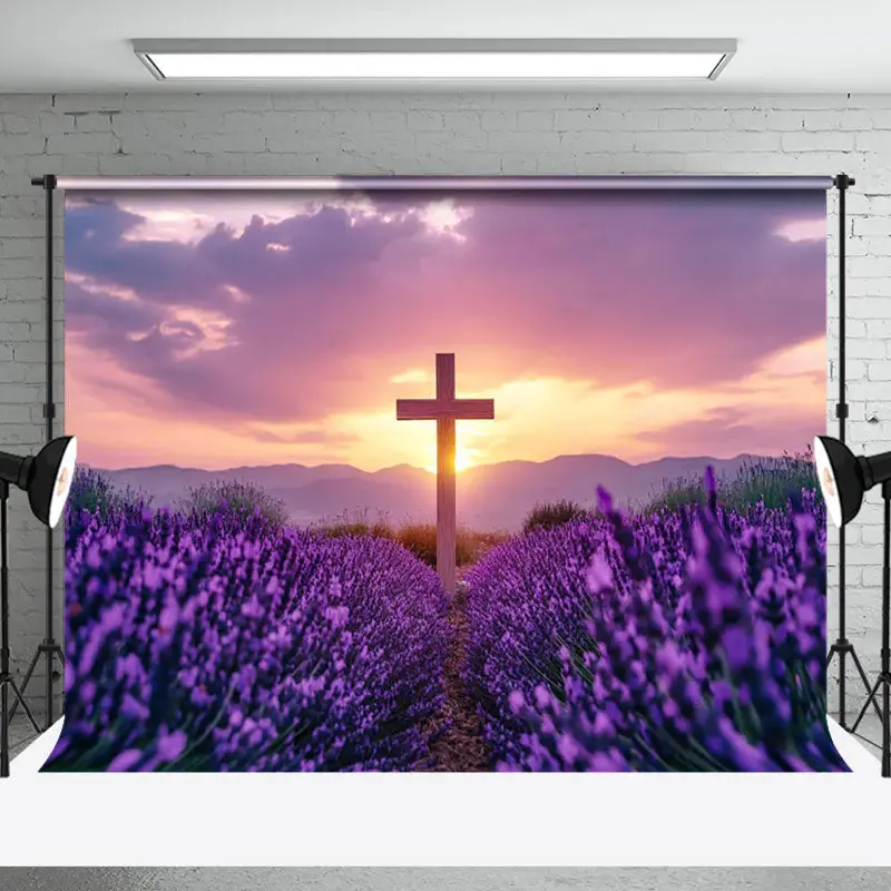 Aperturee Purple Floral Field Sunset Sky Cross Easter Backdrop, 3X2FT(1MX0.6M), 14 USD, easter backdrops, NYHD6I25-M