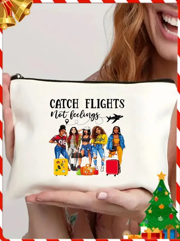 Letter & Figure Pattern Makeup Bag, Large Capacity Cosmetic Storage Bag, Portable Travel Toiletry Bag, Zipper Makeup Case Org...