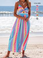 Popvil Tribal Printed Front Knot Cami Dress,Women's V Neck Sleeveless Seaside Vacation Maxi Dress for Summer,Causal Wear