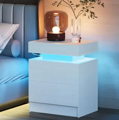 Nightstand with Charging Station and LED Lights Furniture Bedroom Modern Design Bedside Table Drawer Home