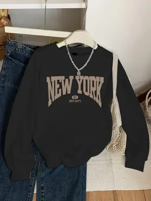 Girl's Letter Print Round Neck Sweatshirt, Casual Long Sleeve Crew Neck Pullover for Fall & Winter, Kids Clothes for Daily We...