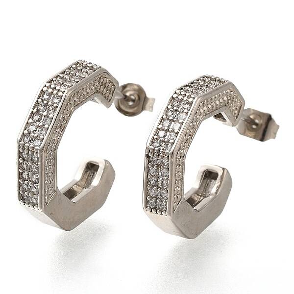 Rack Plating C-Shaped Brass Pave Clear Cubic Zirconia Stud Earrings