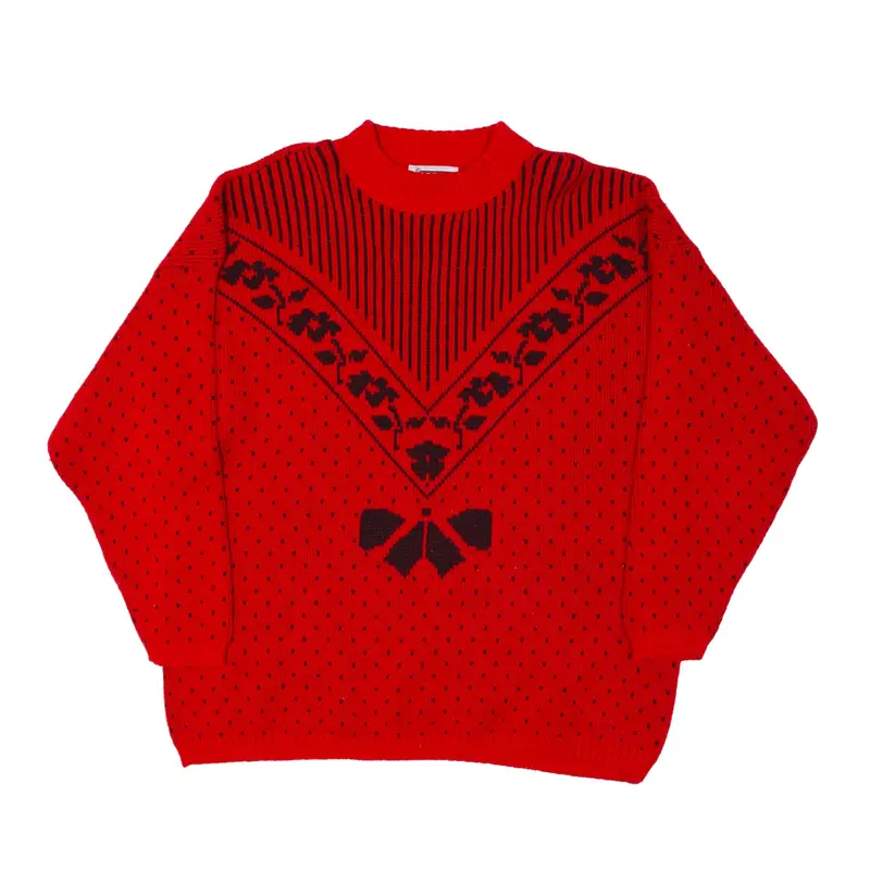 KNIT STREET Patterned Jumper Red Crazy Pattern Chunky Knit Mens XL