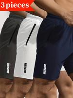 3pcs men's solid colour shorts with zip pockets and active elastic waist drawstring shorts for summer outdoor fitness leisure...