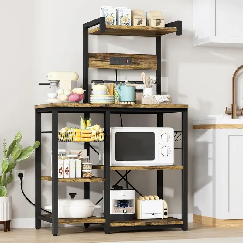 DKLGG Bakers Rack Kitchen Storage Rack Coffee Bar Station,Freestanding Kitchen Shelves for Spices, Pots and Pans, Rustic Brow...