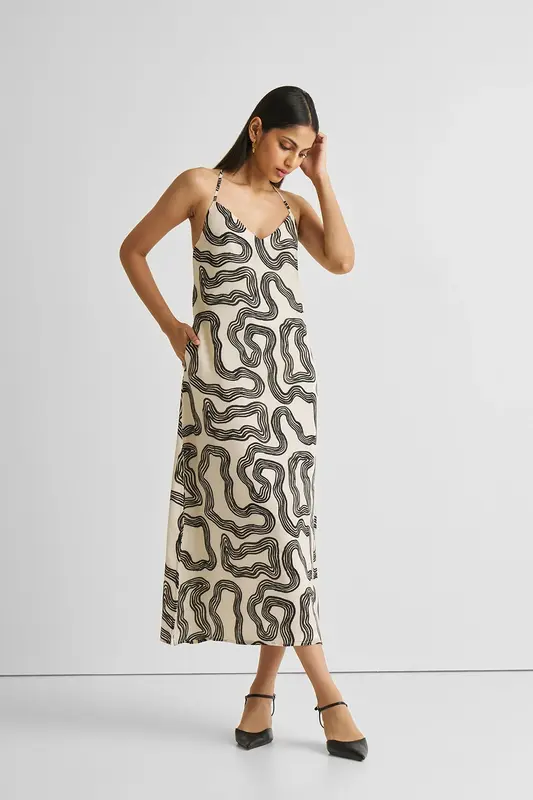 Midi Slip Dress in Black Stripes | Color: Maze | Size: XL