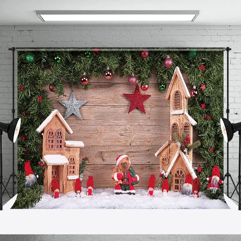 Aperturee Pine Decor Wooden House Christmas Photo Backdrop - Aperturee