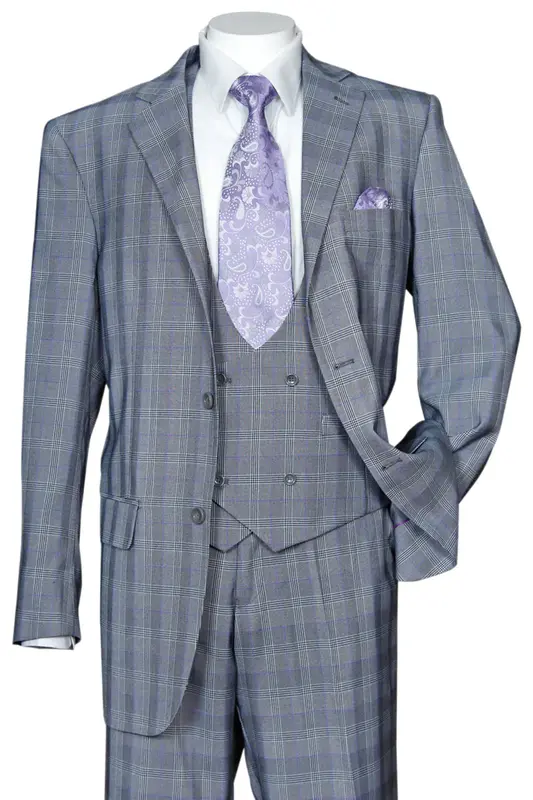 Grey Modern Fit Plaid Windowpane Men's Suit with Double-Breasted Vest