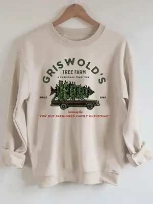 Women's Christmas Tree & Car Print Crew Neck Longsleeves Sweatshirt, Casual Fashioned Long Sleeve Thermal Lined Pullover, Wom...