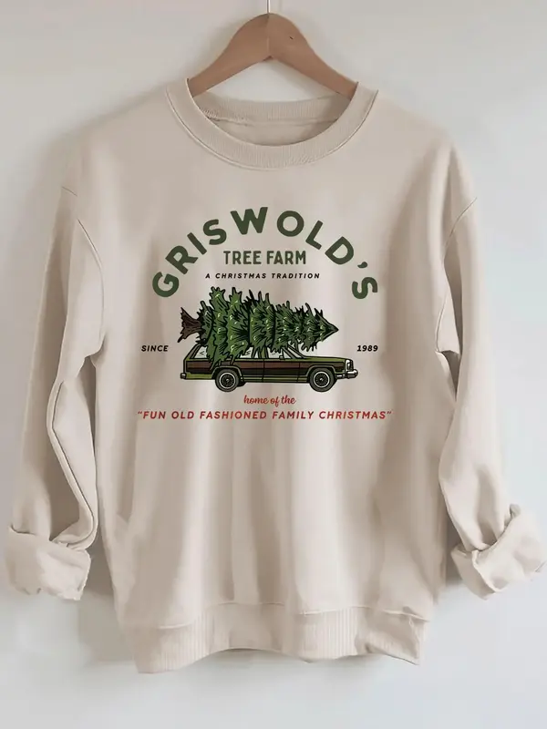 Women's Christmas Tree & Car Print Crew Neck Longsleeves Sweatshirt, Casual Fashioned Long Sleeve Thermal Lined Pullover, Wom...