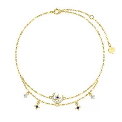 14K Gold Zircon Moon & Star Multi-layered Charm Anklet