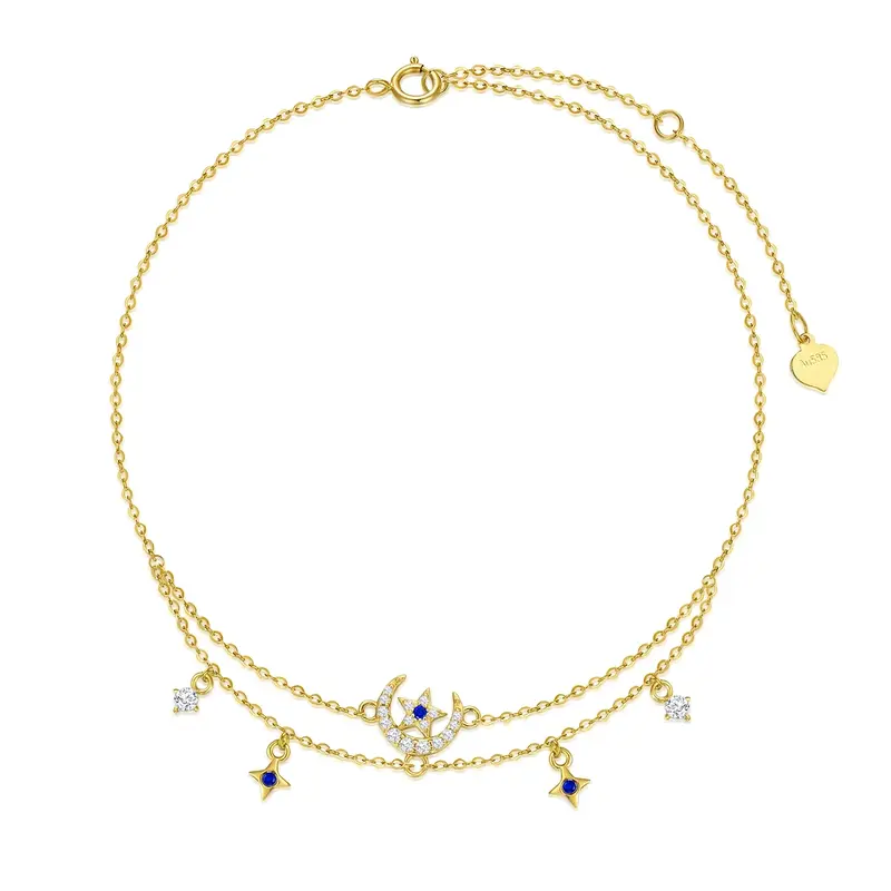 14K Gold Zircon Moon & Star Multi-layered Charm Anklet