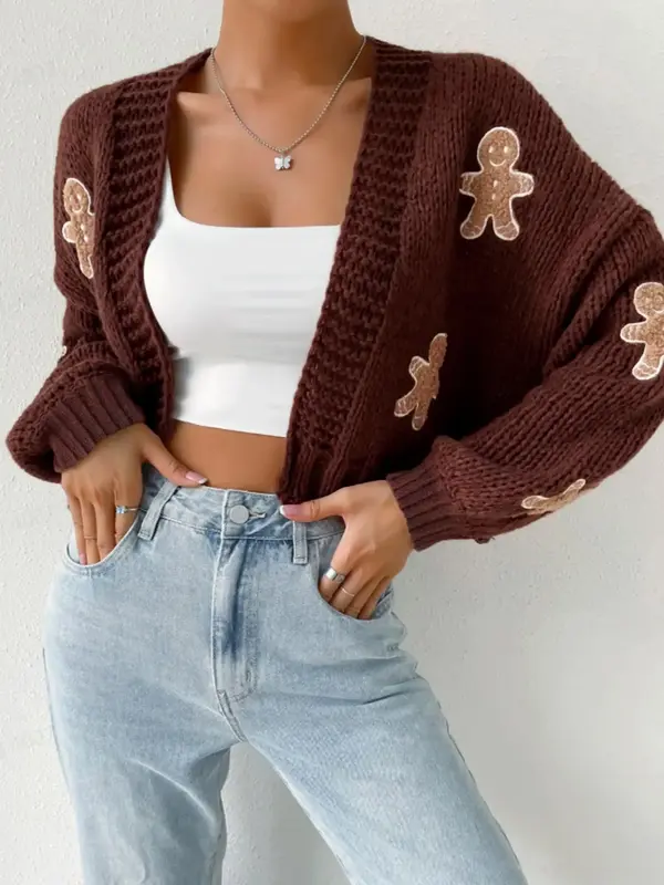 Women's Cartoon Print Drop Shoulder Cardigan, Casual Long Sleeve Open Front Knitwear for Fall, Valentine's Day Gift for Girl,...