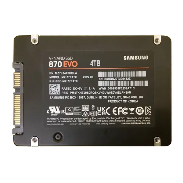 MZ-77E4T0 Samsung 870 EVO Series 4TB 2.5-inch 6GB/s SATA 4GB Cache V-NAND 3bit MLC Solid State Drive