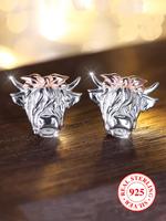 925 Sterling Silver Cute Bull Head Design Earrings, Punk Style Jewelry for Party, Daily Clothing Decor for Girl, Trendy All-m...