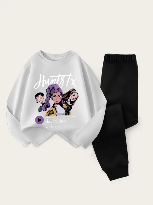 Girls' Kpop Hunter Series Long Sleeve T-Shirt & Casual Sweatpants Set, Spring & Fall Fashion, Fitted Style, Fruit Print Desig...
