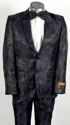 Black Floral Tuxedo - All Black Floral Suit - Flat Front Pants Suit