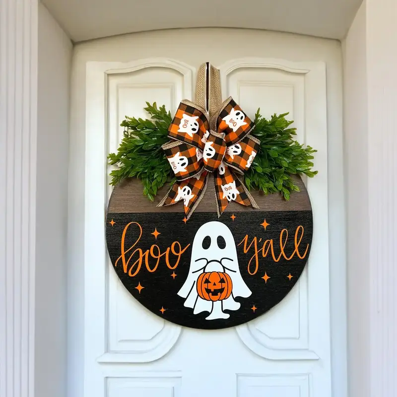 1pc Spooky White Ghost Pumpkin BOO Door Hanging Sign - Festive Halloween Welcome Decoration for Living Room, Bathroom, Bar, C...