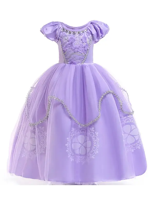 Girl's Floral Appliques Tulle Princess Costumes, Elegant Round Neck Puff Sleeve Dress for Party & Cosplay, Kids Costumes for ...