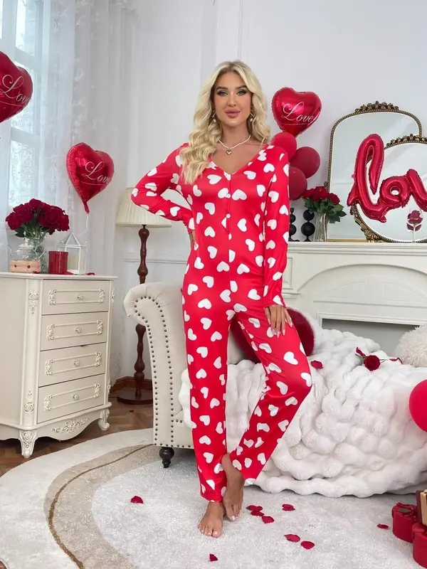 Women's Christmas Themed Print Button Front Lounge Jumpsuit, Casual Comfy Long Sleeve V Neck Jumpsuit, Ladies Sleepwear for F...