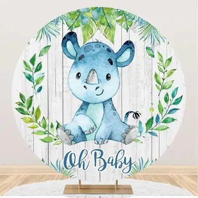 Blue Animal Leaf Wood Round Baby Shower Backdrop - Aperturee