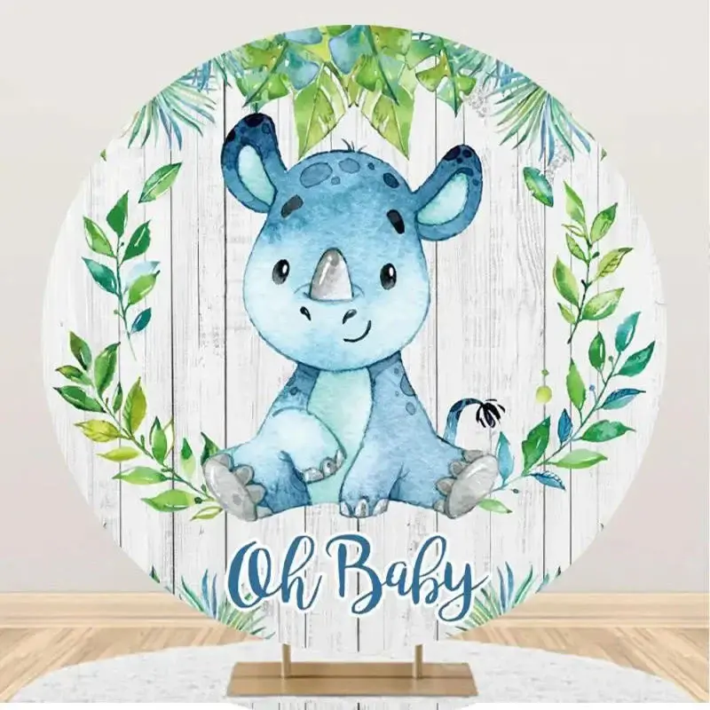 Blue Animal Leaf Wood Round Baby Shower Backdrop - Aperturee