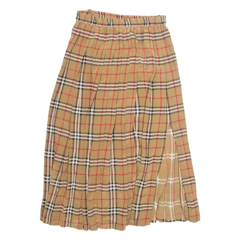 ALBA MODA Side Slit Womens A-Line Skirt Beige Midi Silk 90s Plaid UK 14