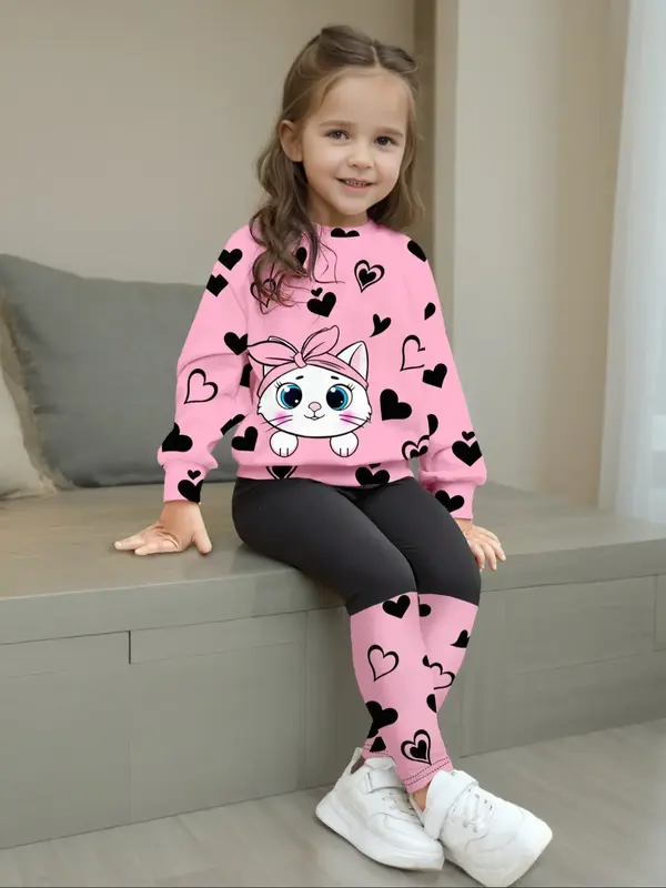 Cute Cat Heart Print Girls' Spring & Fall Set, Adorable Kids, Comfortable and Stylish Clothing Sets, Perfect for Daily Wear, ...